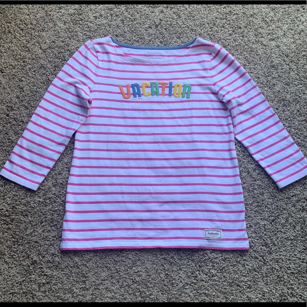 Talbots White Pink Striped Vacation Embroidered Knit  3/4 Sleeve Tee Like New - Picture 4 of 8